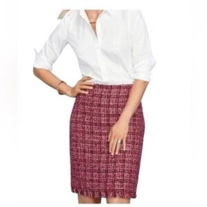 Talbots Women’s Boucle Tweed pencil Skirt Fringe Hem Wool Blend Plaid 8P
